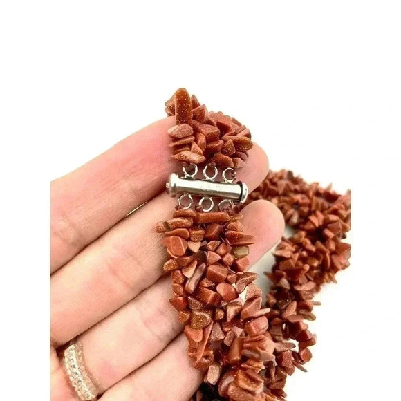 VTG Set Brown Goldstone Speckle Chips Cluster Necklace with Bracelet 925 WJ 18" - Picture 8 of 12